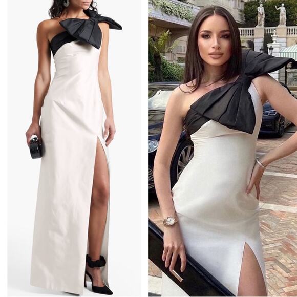 Rasario One Shoulder Bow Embellished Silk Satin Black and White Maxi Gown Sz 10 - Picture 1 of 13